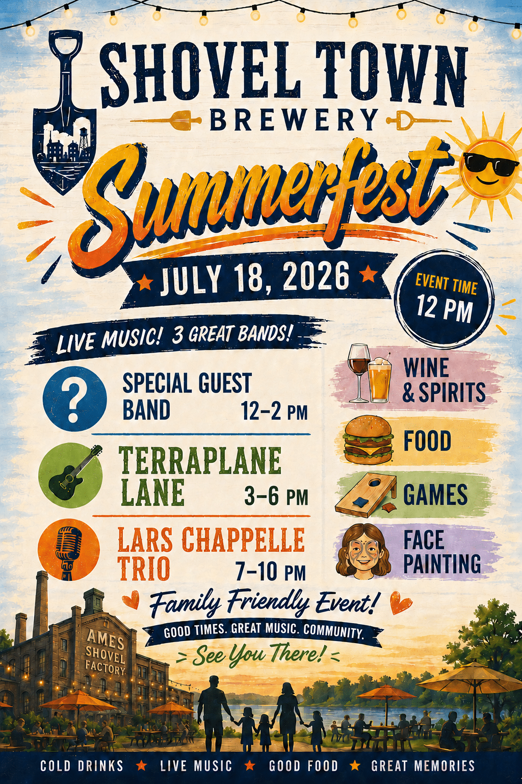 FLyer for Summerfest 2026 at Shovel Town Brewery 12-10pm Saturday July 18, 2026